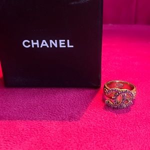 Authentic CHANEL gold plated ring pink crystal stones size 6